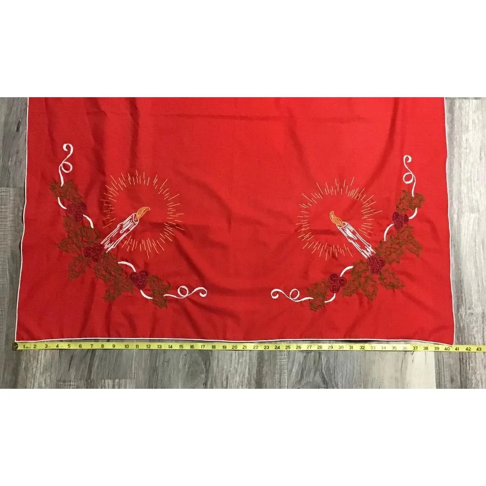 VTG 50's Christmas Tablecloth Red Embroidered Candles Holly 42x42 MCM Whimsical
